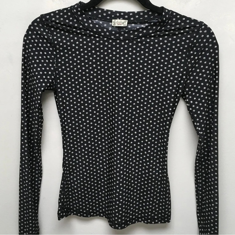 FREE PEOPLE walk this way semi sheer black with white daisies top